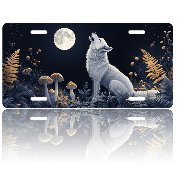 1 Pcs License Plate Covers & Frames, A Wolf Howling at the Moon in the Night For Decorative Front, Waterproof For Decoration Aluminum License Plate Covers & Frames Cover For Men Women, 12" X 6"