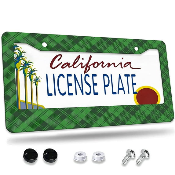 1 Pcs License plate frame with green plaid pattern License Plate Frame,License Plate Cover for Car Decorative Parts,Aluminum License Plate Bracket Holder Rust-Proof for US Standard Car
