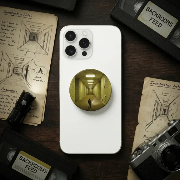 1 Pcs Liminal Space Yellow Hallway Phone Grip, Aesthetic Weirdcore Internet Horror Phone Holder Stand, Spooky Horror Game Accessory, Cool Gift for Gamers Geek