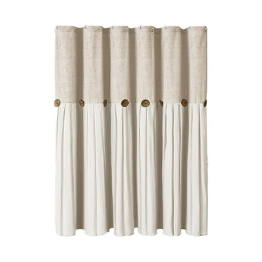 1 Pcs Linen Button Farmhouse Shower Curtain, Linen and Cotton Woven Fabric, Pleated Stripe on Waterproof Polyester, Country Style for Bathroom
