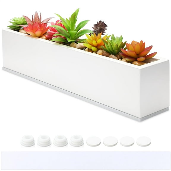 1 Pcs Long Rectangular Planter Box Window Sill Plant Box Metal Water Trough Indoor Large Modern Steel with Drainage Holes Herb Garden Home (16.1 x 3.2 x 3.5 Inch,White)