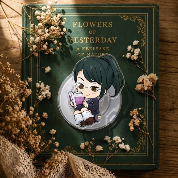 1 Pcs Magnetic Cute Anime Girl Reading Book Phone Grip Chibi Glasses Ponytail Character Phone Holder Detachable Acrylic Phone Grip Gift for Manga Fans