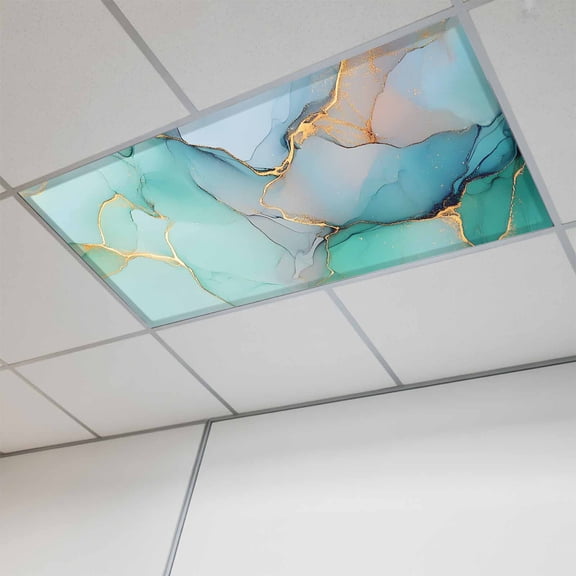 1 Pcs Marble Abstract Fluorescent Light Covers Modern Teal Green Gold Textured Stone Magnetic Light Covers for Ceiling Lights 4 x 2 ft Drop Ceiling Lights Cover Shade for Office, Home, Hospital