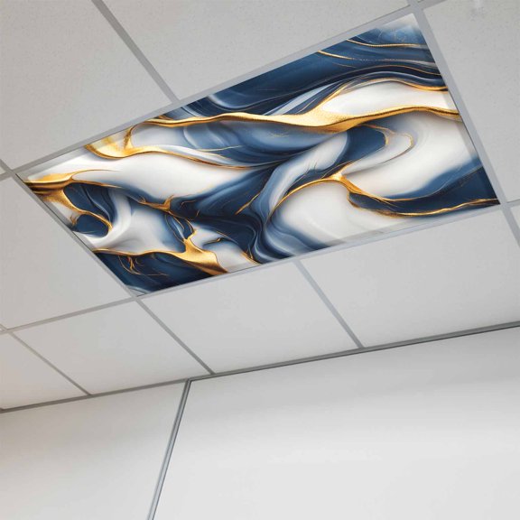 1 Pcs Marble Texture Fluorescent Light Covers Modern Golden Blue Fluid Art Magnetic Light Covers for Ceiling Lights 4 x 2 ft Drop Ceiling Lights Cover Shade for Office, Home, Hospital