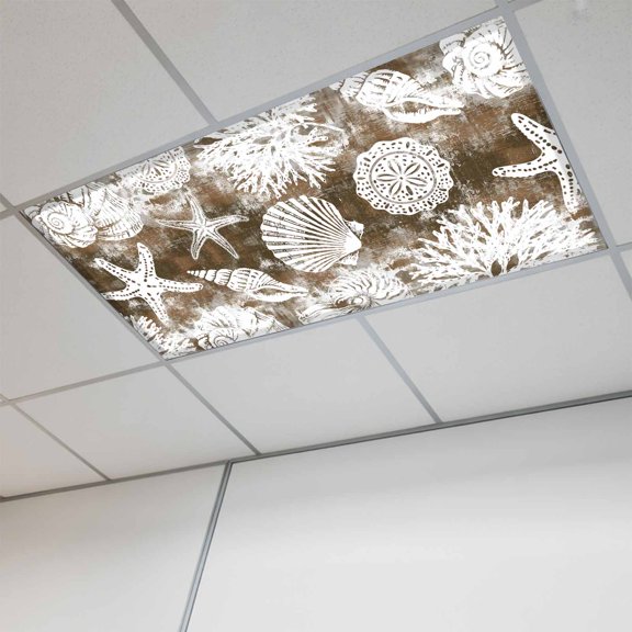 1 Pcs Marine Life Fluorescent Light Covers Brown White Sea Starfish Shells Conch Brown Magnetic Light Covers for Ceiling Lights 4 x 2 ft Drop Ceiling Lights Cover Shade for Office, Home, Hospital