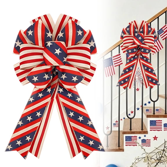 1 Pcs Memorial Day Bows 4th of July Patriotic Burlap Bow Red White Blue Stars Tree Topper American Flag Wreath for Indoor Outdoor 250th Anniversary Independence Party Decoration