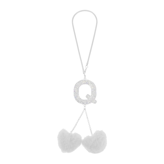 1 Pcs Metal Faux Rhinestone Faux Diamond Letter Q Heart Pompon Pendant Car Rear View Mirror Pendant Accessories Car Hanging Ornament White