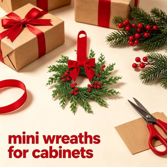 1 Pcs Mini Christmas Wreaths for Kitchen Cabinet | 10 Inch Small Wreath, Candle Ring Design, Red Ribbon Simple Style, ideal for Windows, Weddings Table Centerpieces