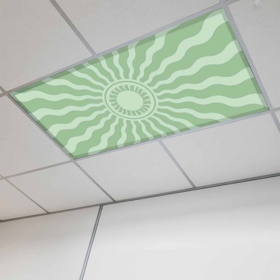 1 Pcs Mint Green Radiant Sun Fluorescent Light Covers Abstract Wavy Sunbeams Rings Boho Eclectic Magnetic Light Covers for Ceiling Lights 4 x 2 ft Drop Ceiling Lights Cover Shade for Office, Home,