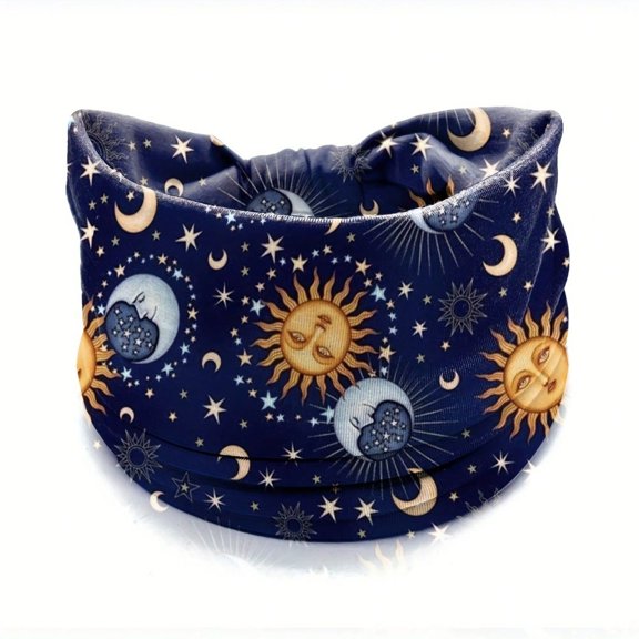 1 Pcs Moon Sun Pattern Printed Wide Edge Headband Non-Slip Knotted Headwear Fashion Hair Accessories for Women and Daily Use