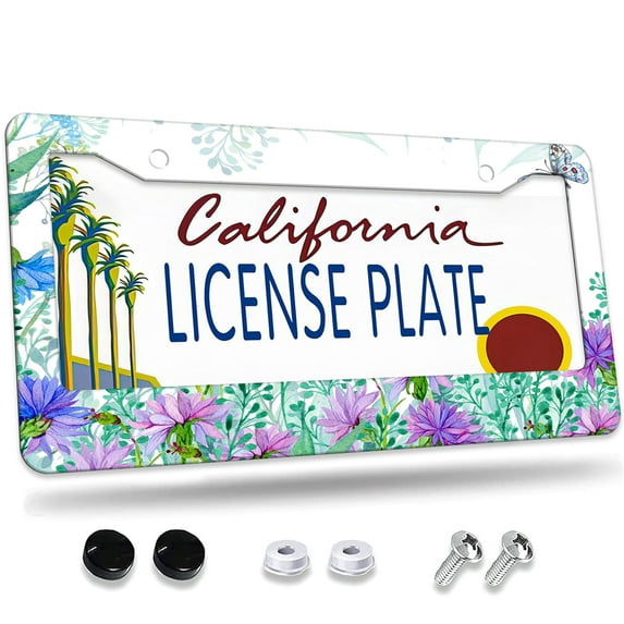 1 Pcs Watercolor Flowers and Butterflies License Plate Frame,License Plate Cover for Car Decorative Parts,Aluminum License Plate Bracket Holder Rust-Proof for US Standard Car