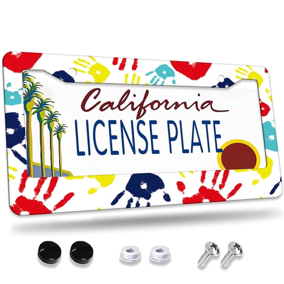 1 Pcs Multicolored Handprints License Plate Frame,License Plate Cover for Car Decorative Parts,Aluminum License Plate Bracket Holder Rust-Proof for US Standard Car
