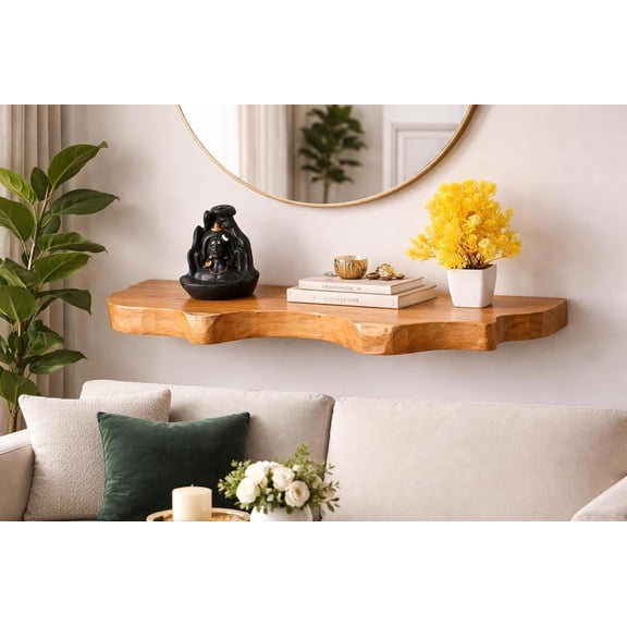 1 Pcs Natural Live Edge Floating Wall Shelves with Brackets | Rustic Solid Wood Wall Mounted Shelf 10"W X 6"D X 1.5"