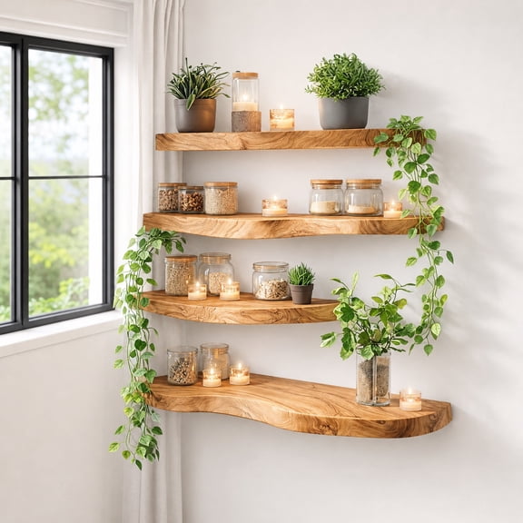 Natural Live Edge Floating Wall Shelves with Brackets | Rustic Solid Wood Wall Mounted Shelf