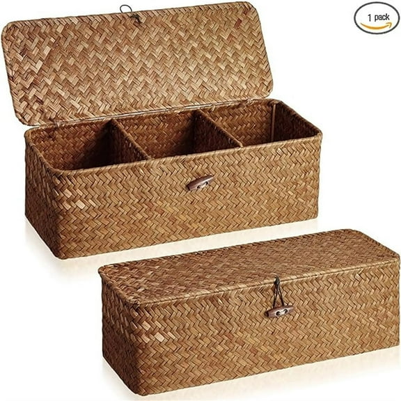 1 Pcs Natural Wickerwork Storage Baskets,Handwoven Wickerwork Basket,Wicker Shelf Baskets Bin with Flat Cover,Three-Grid Cosmetic Storage Basket,Storage Bins Rectangular Household Basket (Brown)