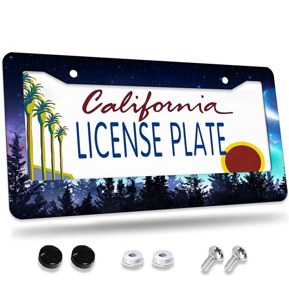 1 Pcs Night Sky with Stars and Moon over Forest License Plate Frame,License Plate Cover for Car Decorative Parts,Aluminum License Plate Bracket Holder Rust-Proof for US Standard Car