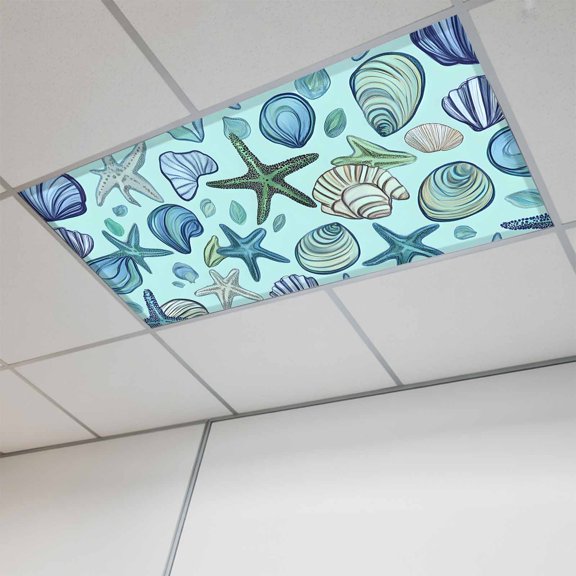 1 Pcs Ocean Creature Fluorescent Light Covers Conch Blue Shell Sea Starfish Modern Art Magnetic Light Covers for Ceiling Lights 4 x 2 ft Drop Ceiling Lights Cover Shade for Office, Home, Hospital