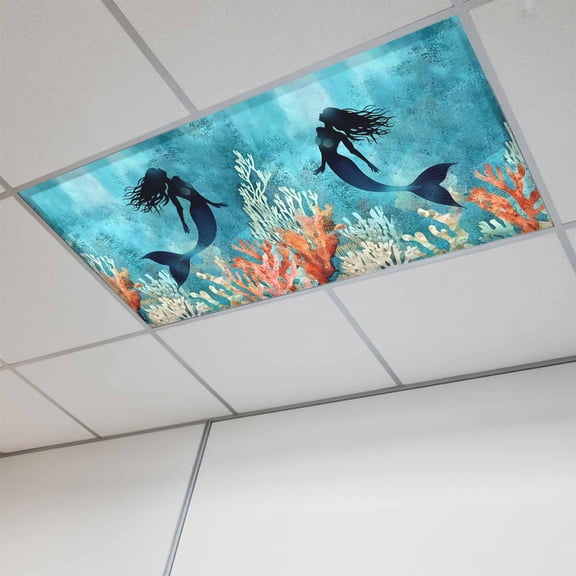 1 Pcs Ocean Mermaid Fluorescent Light Covers Shadow Coral Seabed Watercolor Style Magnetic Light Covers for Ceiling Lights 4 x 2 ft Drop Ceiling Lights Cover Shade for Office, Home, Hospital
