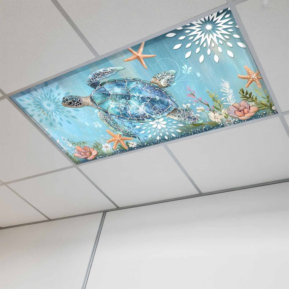 1 Pcs Ocean Sea Fluorescent Light Covers Turtle Starfish Undersea Blue Nautical Vintage Magnetic Light Covers for Ceiling Lights 4 x 2 ft Drop Ceiling Lights Cover Shade for Office, Home, Hospital