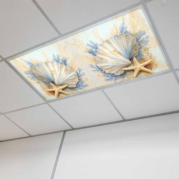 1 Pcs Ocean Shell Coral Fluorescent Light Covers Starfish Coastal Vintage Magnetic Light Covers for Ceiling Lights 4 x 2 ft Drop Ceiling Lights Cover Shade for Office, Home, Hospital