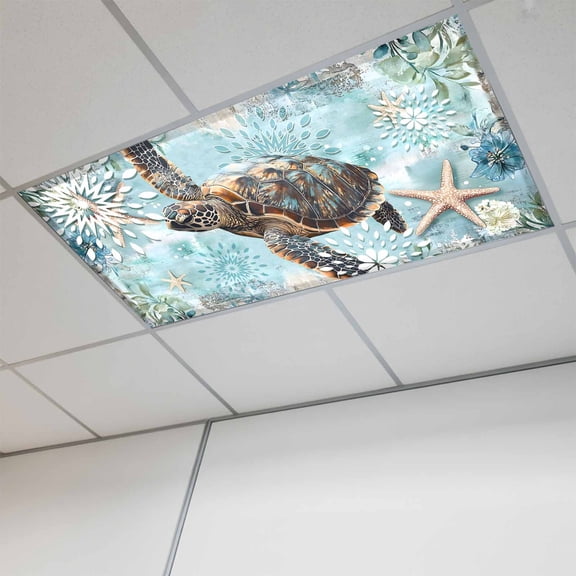 1 Pcs Ocean Turtle Fluorescent Light Covers Nautical Retro Beige Starfish Sealife Magnetic Light Covers for Ceiling Lights 4 x 2 ft Drop Ceiling Lights Cover Shade for Office, Home, Hospital