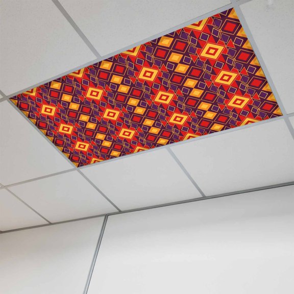 1 Pcs Orange Red Rectangle Fluorescent Light Covers Tribal Retro Classic Geometric Abstract Magnetic Light Covers for Ceiling Lights 4 x 2 ft Drop Ceiling Lights Cover Shade for Office, Home,