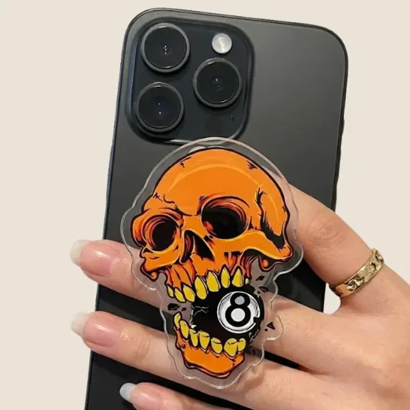 1 Pcs Orange Skull Biting 8 Billiard Ball Phone Grip, Horror Aesthetic Magnetic Phone Holder, Kawaii Scary Fan Gift, Accessories