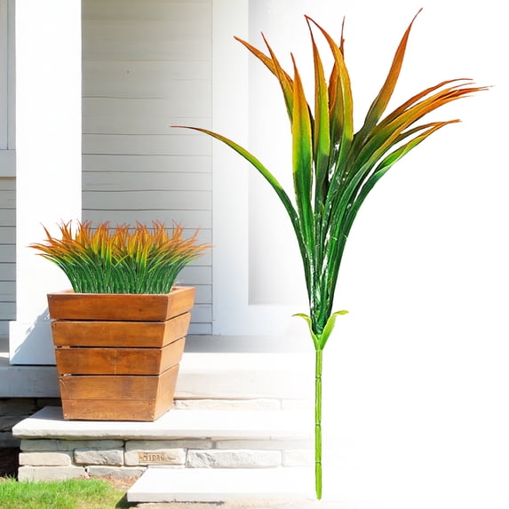 1 Pcs Outdoor Fake Plants 17.3'' UV Resistant Artificial Tall Grass Plants Faux Tropical Flowers Bushes Decor All Season Planters Fake Greenery Plastic Plant Shrubs for Garden Patio Porch Decor A