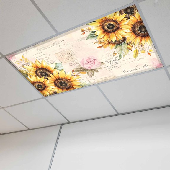 1 Pcs Pastoral Sunflower Fluorescent Light Covers Plant Country Vintage Letter Background Magnetic Light Covers for Ceiling Lights 4 x 2 ft Drop Ceiling Lights Cover Shade for Office, Home, Hospital