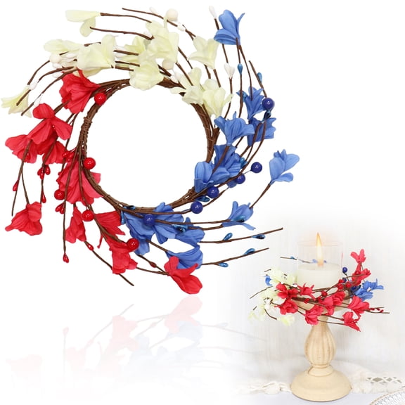 1 Pcs Patriotic Candle Rings Wreaths Summer White & Red& Blue Mixed Berries & Pip Berry Candle Rings Artificial Candle Holder 4" for 4 of July Home Kitchen Table Centerpiece Independence Day Decor