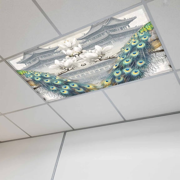 1 Pcs Peacock Fluorescent Light Covers Retro Flowers Watercolor Attic Vintage Magnetic Light Covers for Ceiling Lights 4 x 2 ft Drop Ceiling Lights Cover Shade for Office, Home, Hospital