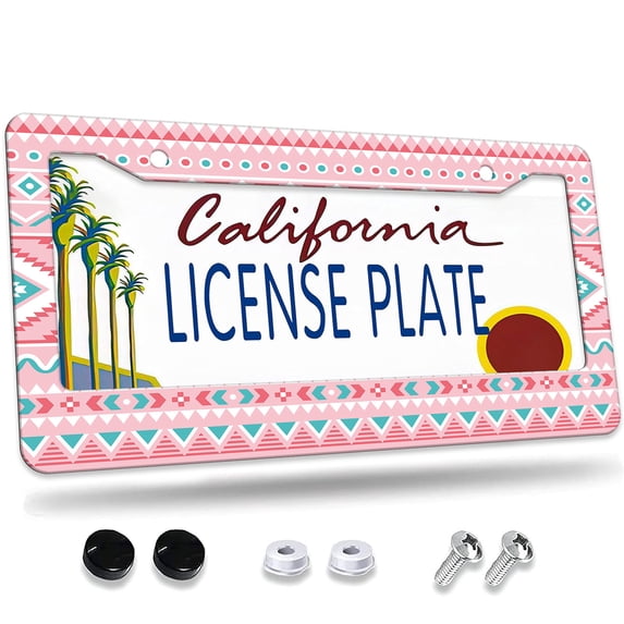 1 Pcs Pink Geometric Tribal License Plate Frame,License Plate Cover for Car Decorative Parts,Aluminum License Plate Bracket Holder Rust-Proof for US Standard Car