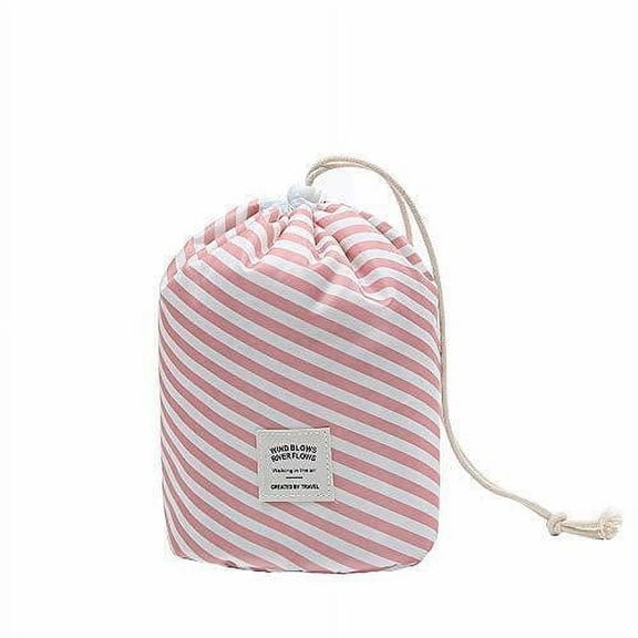 1 Pcs Pink&White Stripes Large Barrel Travel Cosmetic Bag Nylon Organizer Drawstring Toiletry