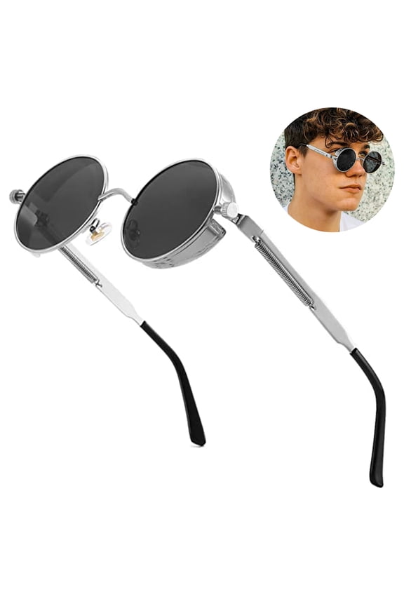 1 Pcs Polarized Sunglasses For Men, Uv Protection, Round Gothic Shades Style Women, Metal Circle Frame-Silver + Gray