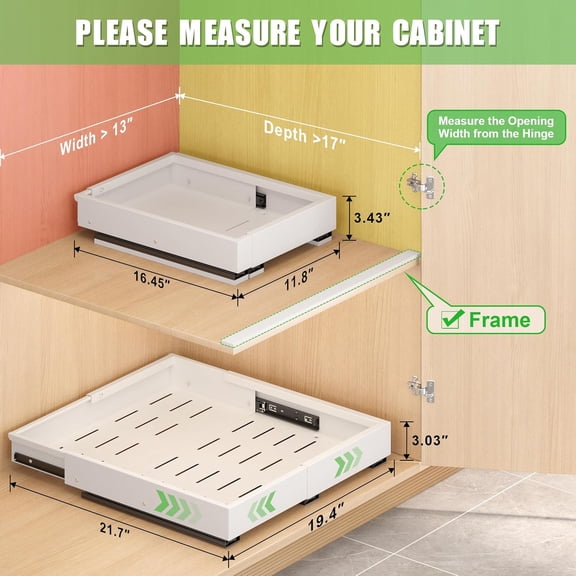1 Pcs Pull Out Drawers for Cabinets Organizer Expandable Width(11.8"-19.4"), Depth(16.45"-21.7") With 3 Rails, No Drill Roll Out Drawer, Adhesive Sliding Drawers