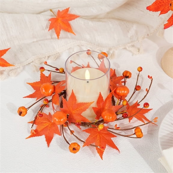 1 Pcs Pumpkins Maple Leaves Candle Rings Wreaths with Berry, Fall Candle Rings Thanksgiving Day Ring Holder (Orange)