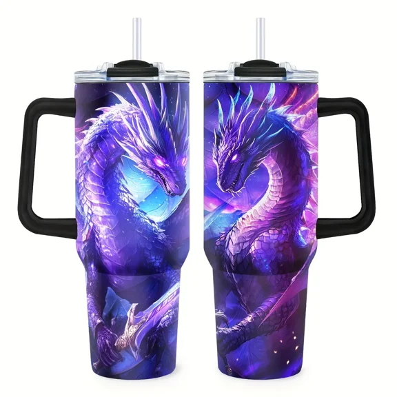 1 Pcs Purple Glowing Mythical Dragon with Sword 40oz Stainless Steel Insulated Tumbler with Handle Lid Straw, Fantasy Magic Dragon Travel Coffee Mug, Halloween Christmas Birthday Graduation Gift for