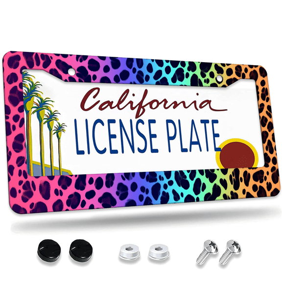 1 Pcs Rainbow Leopard License Plate Frame, License Plate Cover for Car Decorative Parts, Aluminum License Plate Bracket Holder Rust-Proof Weather-Proof for US Standard Car