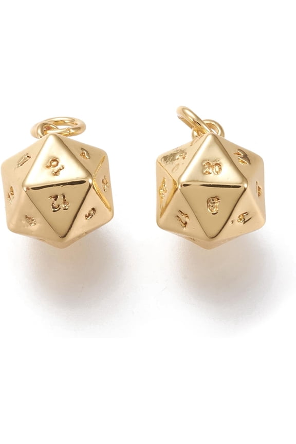 1 Pcs Real 18K Gold Plated Brass Charms Pendants with Jump Rings 20 Sided Dice Charm for Women Birthday Festival Elegant Gifts DIY Personalized Jewelry 13.5x9.5x9.5mm Hole: 3.2mm