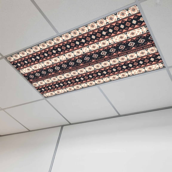 1 Pcs Red Brown Rectangle Fluorescent Light Covers Tribal Retro Classic Geometric Striped Magnetic Light Covers for Ceiling Lights 4 x 2 ft Drop Ceiling Lights Cover Shade for Office, Home, Hospital