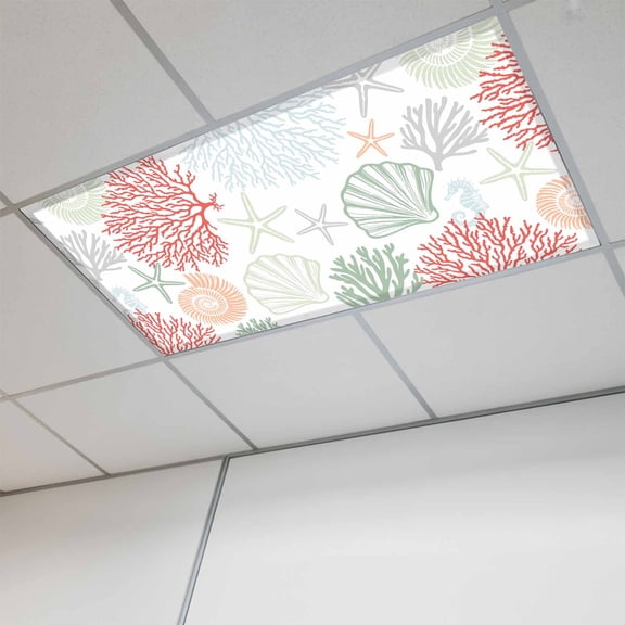 1 Pcs Red Coral Fluorescent Light Covers Sage Green Starfish Ocean Coastal Seashell Magnetic Light Covers for Ceiling Lights 4 x 2 ft Drop Ceiling Lights Cover Shade for Office, Home, Hospital