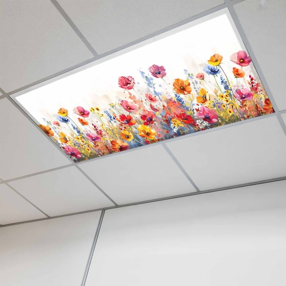 1 Pcs Red Pink Fluorescent Light Covers and Yellow Poppy Oil Painting Floral Magnetic Light Covers for Ceiling Lights 4 x 2 ft Drop Ceiling Lights Cover Shade for Office, Home, Hospital