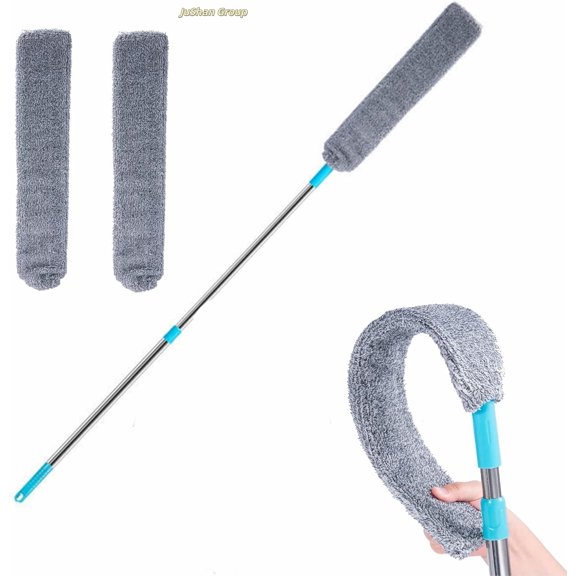 1 Pcs Retractable Gap Duster with 2 Replacement Cloths, Microfiber Under Appliance Dust Brush with Extension Pole (36"-49") for Beds, High Ceilings & Furniture Bottoms, Gray