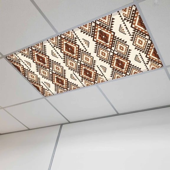 1 Pcs Retro Brown Rectangle Fluorescent Light Covers Tribal Classic Geometric Abstract Magnetic Light Covers for Ceiling Lights 4 x 2 ft Drop Ceiling Lights Cover Shade for Office, Home, Hospital