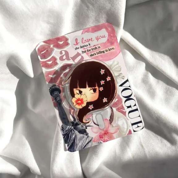 1 Pcs Retro Manga Girl Phone Grip, Cute Floral Anime Aesthetic Phone Stand, Kawaii Blossom Girl Phone Holder, Coquette Pink Fashion Magazine Accessory for Teens