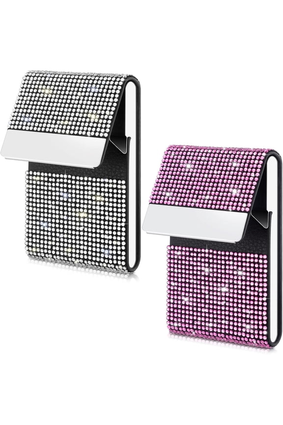 Rhinestone Business Card Holder Bling PU Leather Business Card Case Pocket Credit Card Holder for Women Business Card Wallet Name Card Holder Purse with Magnetic Closure, White Pink