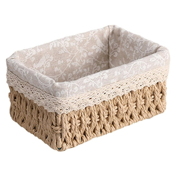 1 Pcs Rope Rattan Storage Basket, Wicker Baskets with Liner, Hand Woven Pantry Table Organizer Bins for Bedroom Living Room School Shelves Office Desk