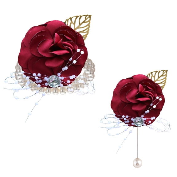 1 Pcs Rose Wrist Corsage and Boutonniere Set,Wedding Corsage Wristlet Bride Bridesmaids Groom Groomsmen Flowers Accessories Prom Party Suit Decorations for Ceremony Wedding Decor Dinner(Wine Red)