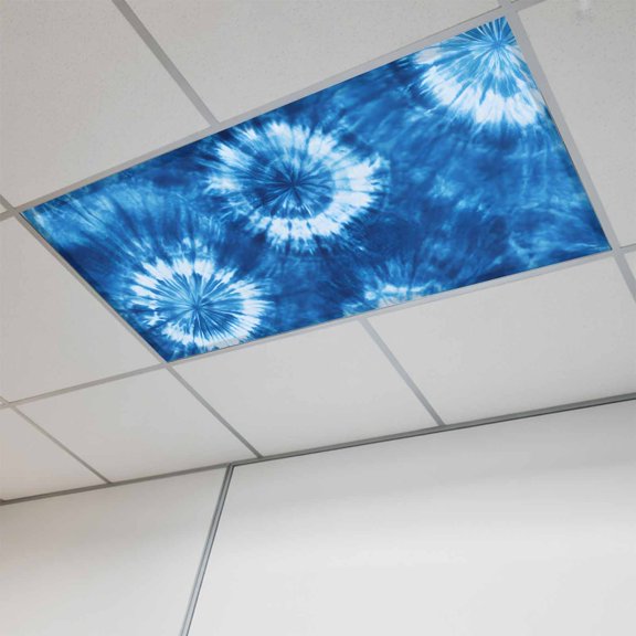 1 Pcs Round Floral Tie-dye Fluorescent Light Covers Blue Watercolor Retro Ethnic Style Magnetic Light Covers for Ceiling Lights 4 x 2 ft Drop Ceiling Lights Cover Shade for Office, Home, Hospital