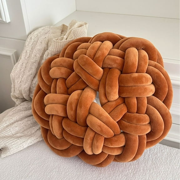 1 Pcs Round Knot Pillows Chunky Knitted Throw Pillows 13.8 Inch Woven Round Pad Decorative for Home Bed Couch Sofa DecorationCaramel